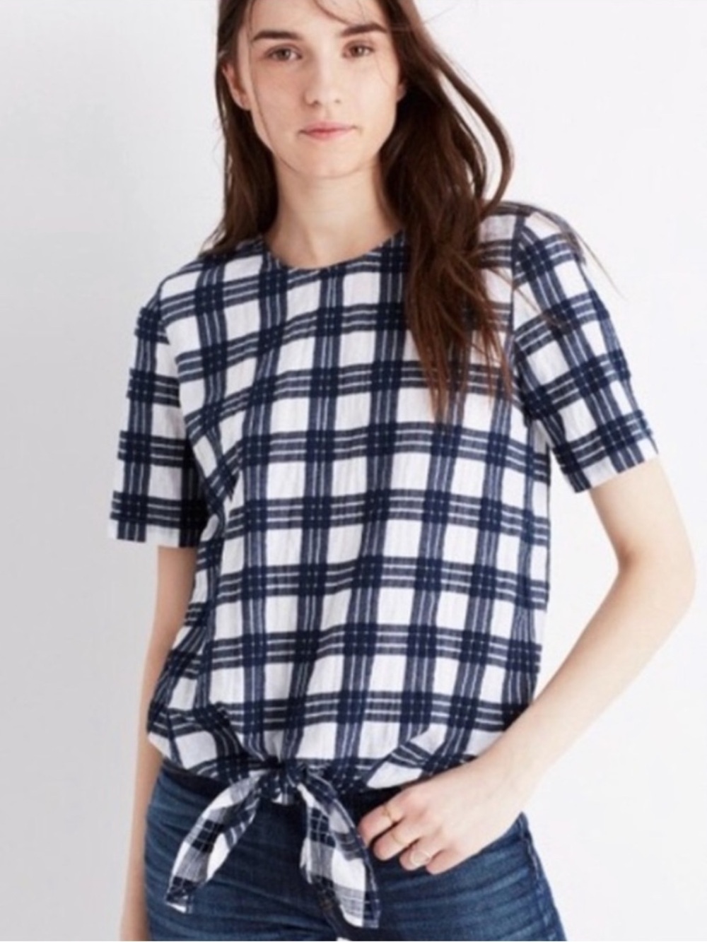 Madewell Women’s Navy Plaid Short Sleeve Button Back Top w/Front Tie Sz Large